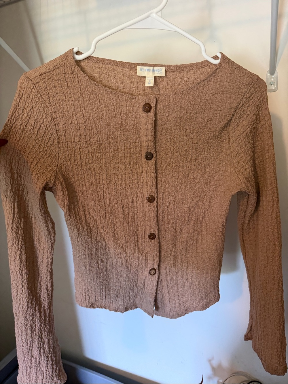 See You Monday Textured Button-Front Top in Tan